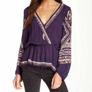 ✨FREE PEOPLE✨ Purple Heavily Beaded Gauzy Fabric Top Wrap Look Size XS